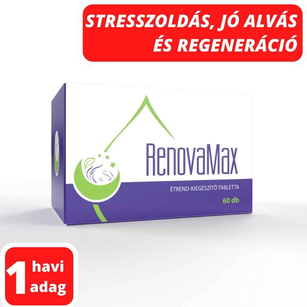 Renovamax tabletta 15 hatóanyagával (Rózsagyökér, L-triptofán, Macskagyökér, Máriatövis, Pongyola pitypang, stb.) Segíti az alvást, éjszakai regenerációt, Támogatja a májat és emésztést és Enyhíti a feszültséget.